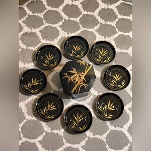 Vintage MCM Black and Gold Bamboo Plate Set/tea coaster set of 8 with box&lid
